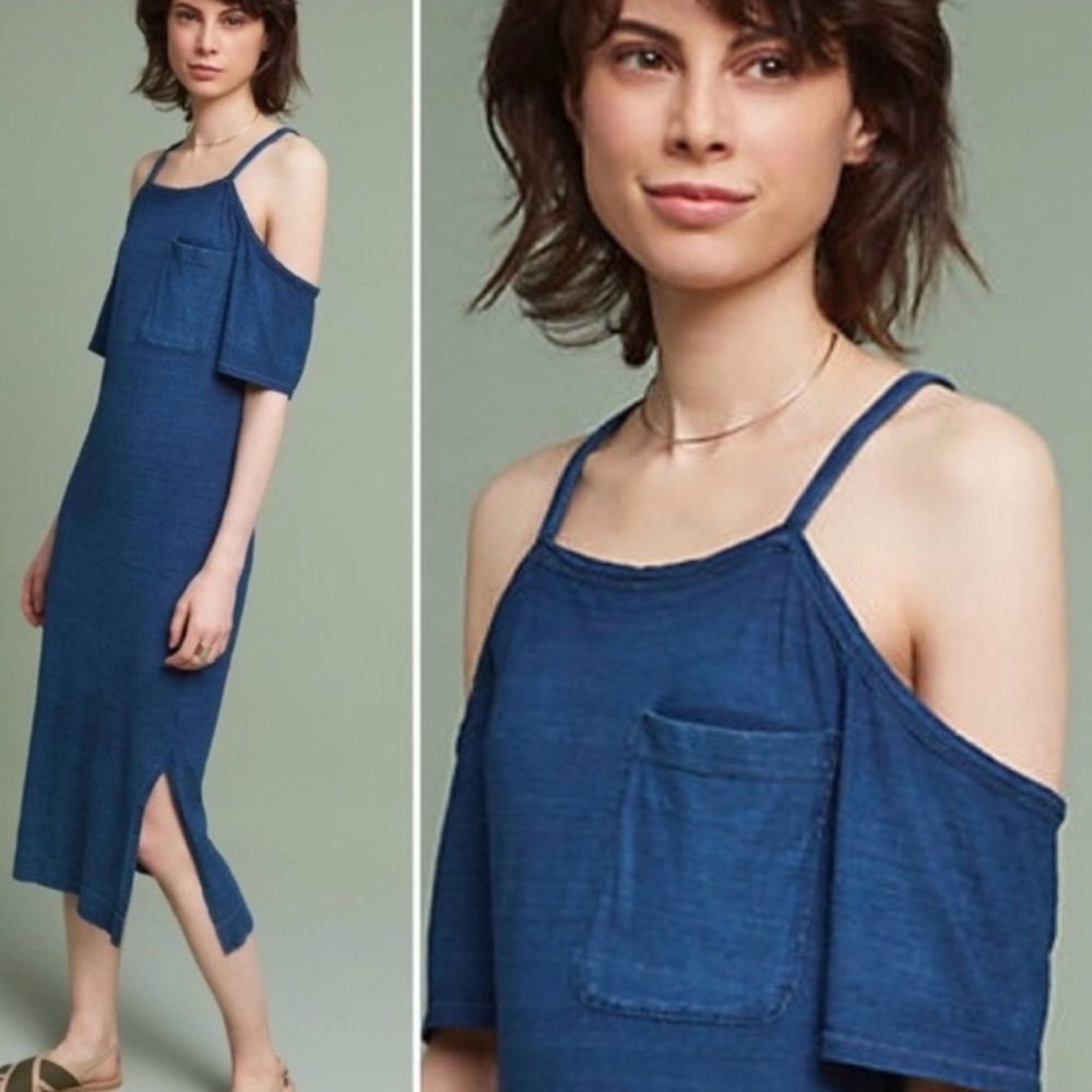 Cloth & Stone Anthropology Midi T-Shirt‎ Off Shoulder Dress Small Blue Relaxed
